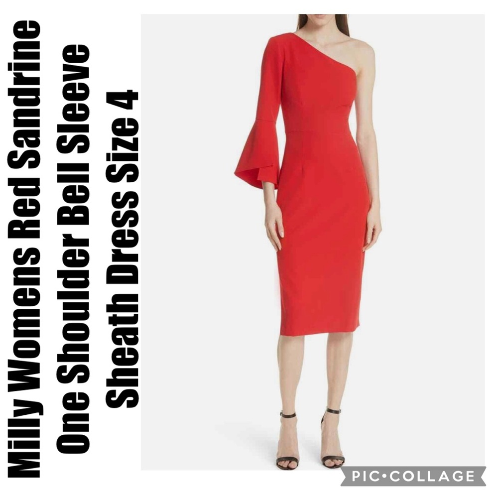 Milly Womens Red Sandrine One Shoulder Bell Sleeve Sheath Dress Size 4